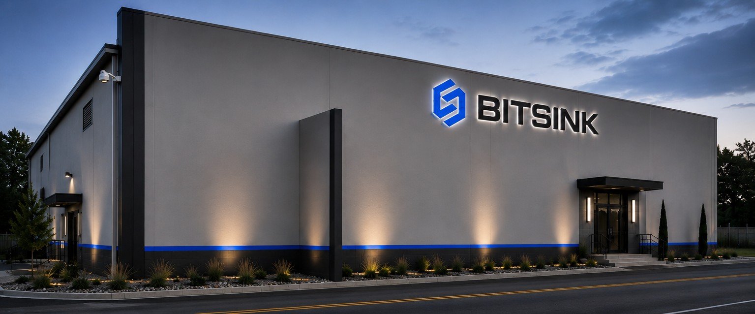 BITSINK manufacturing facility exterior at dusk