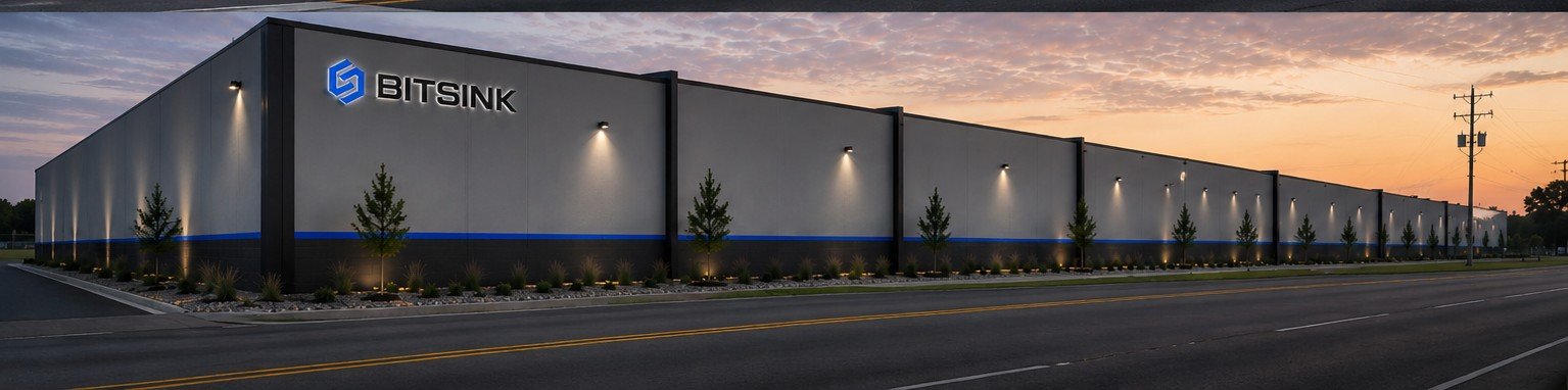 BITSINK manufacturing facility, full building exterior at sunset